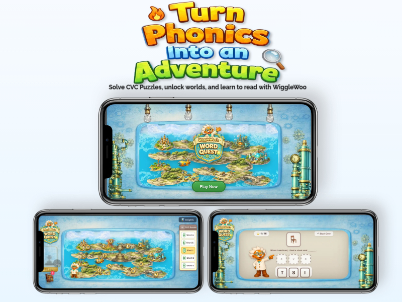 WiggleWoo app preview showing phonics adventure gameplay