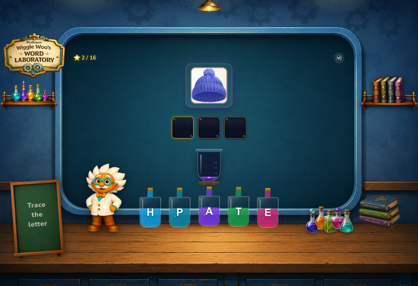 WiggleWoo Potion Game showing a child building a CVC word tile by tile
