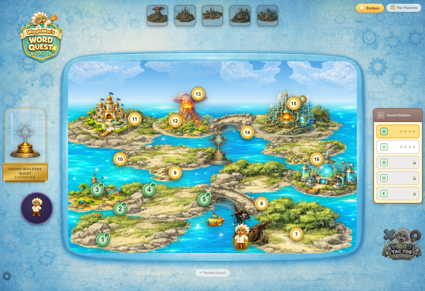 WiggleWoo Quest Map showing the phonics adventure world