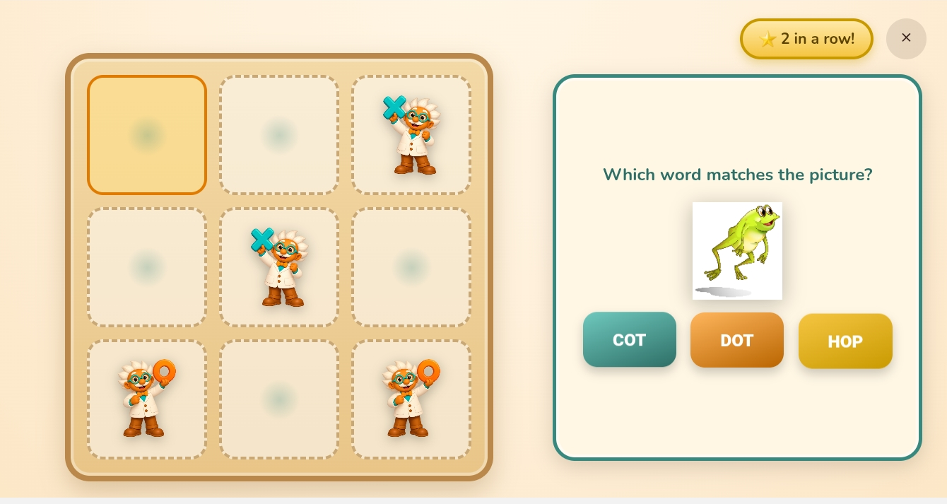 WiggleWoo Word-Tac-Toe phonics mini-game